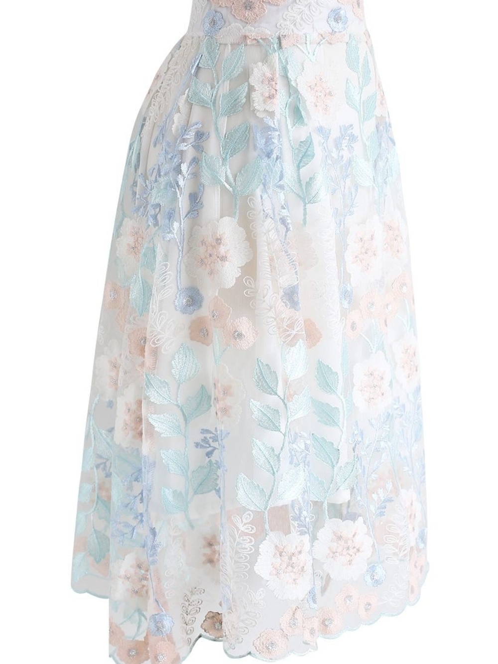 "New Chicwish" Embroidered Floral Midi Skirt - Pastel Blue & Blush